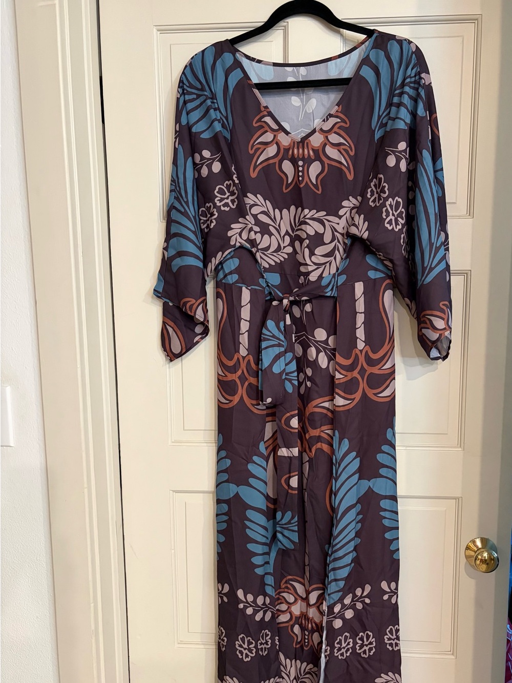 Maxi Dress with Blue and Brown Floral Print and Tie Maxi